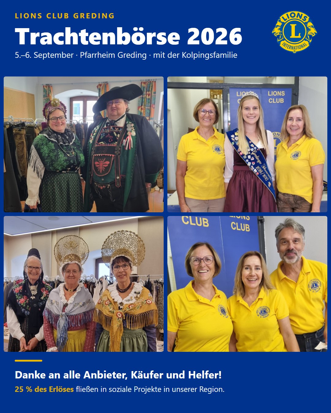 Impressionen von der Trachtenbörse 2026: Besucherinnen und Besucher in Tracht, die Gredinger Schwarzachkönigin und Mitglieder des Lions Clubs am Stand